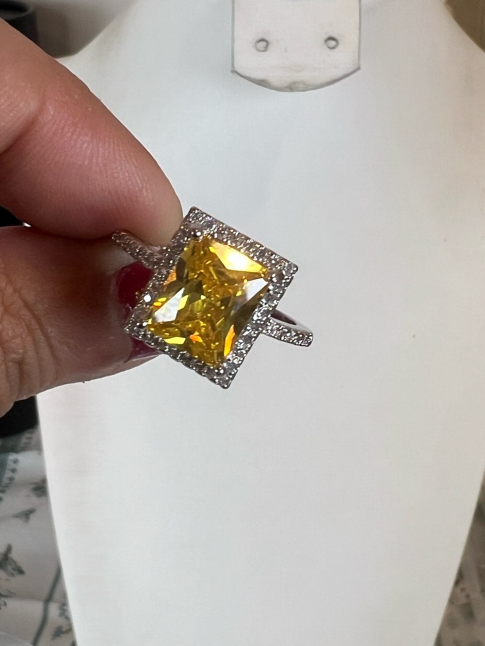 Sz 9 Yellow Cushion-Cut Halo Ring with Pavé Band - Women Jewelry